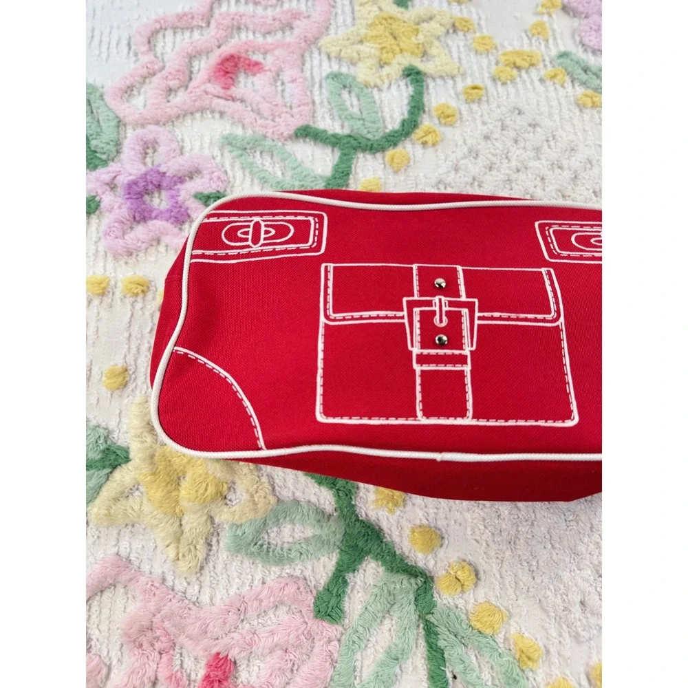 Clinique Red Canvas Cosmetic Bag White Satchel Print Makeup Pouch Travel Case